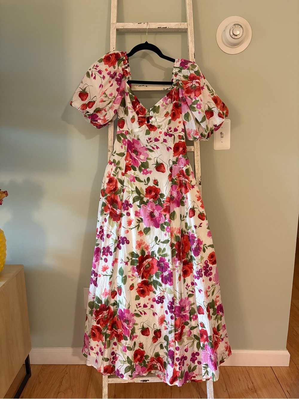 Abercrombie & Fitch White Puff Sleeve Dress with Pink & Red Strawberry Floral